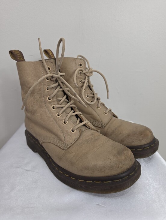 Dr. Martens Shoes - Dr. Martens Beige Leather Lace-Up Ankle Women's Boots